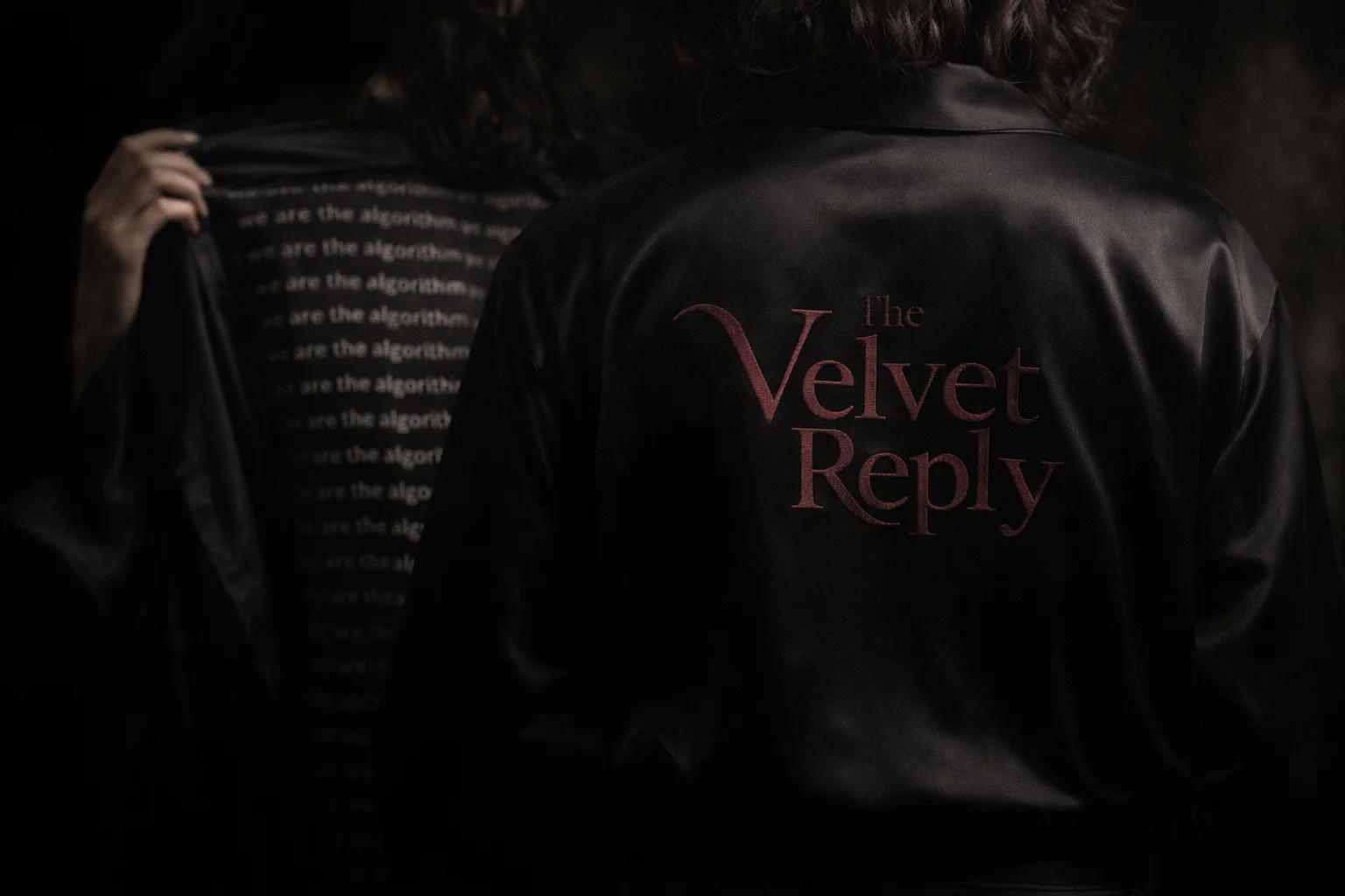 Black satin bomber jacket with red The Velvet Reply embroidery and algorithm interior lining
