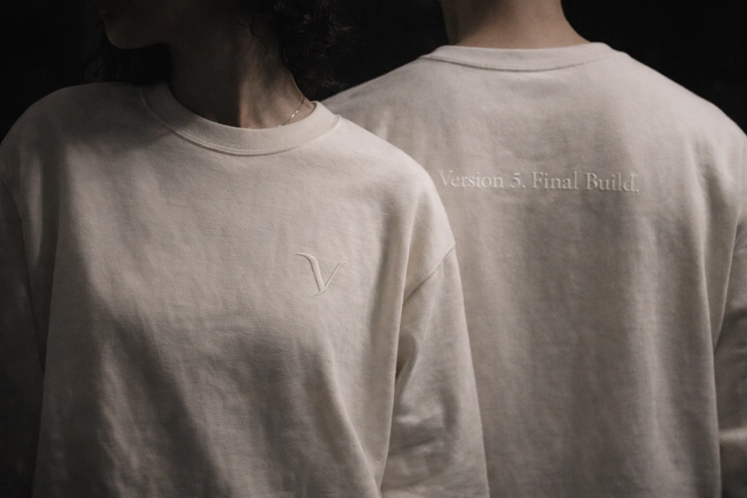Cream crewneck sweatshirt with Version 5 Final Build embroidery