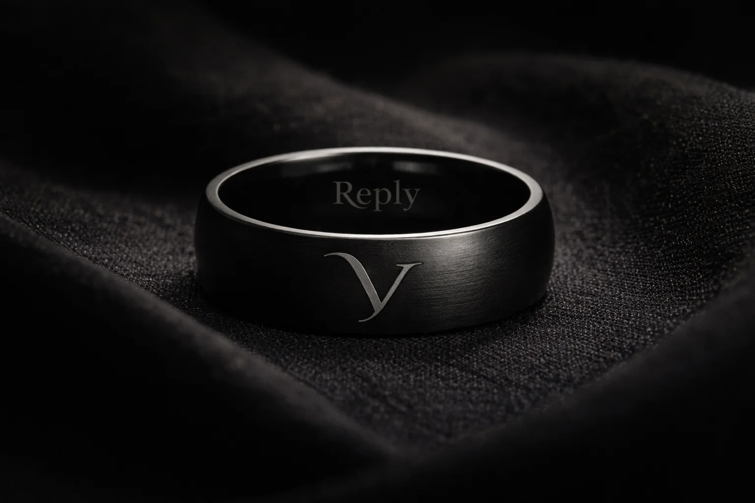 Matte black ring with silver V logo and Reply engraved inside