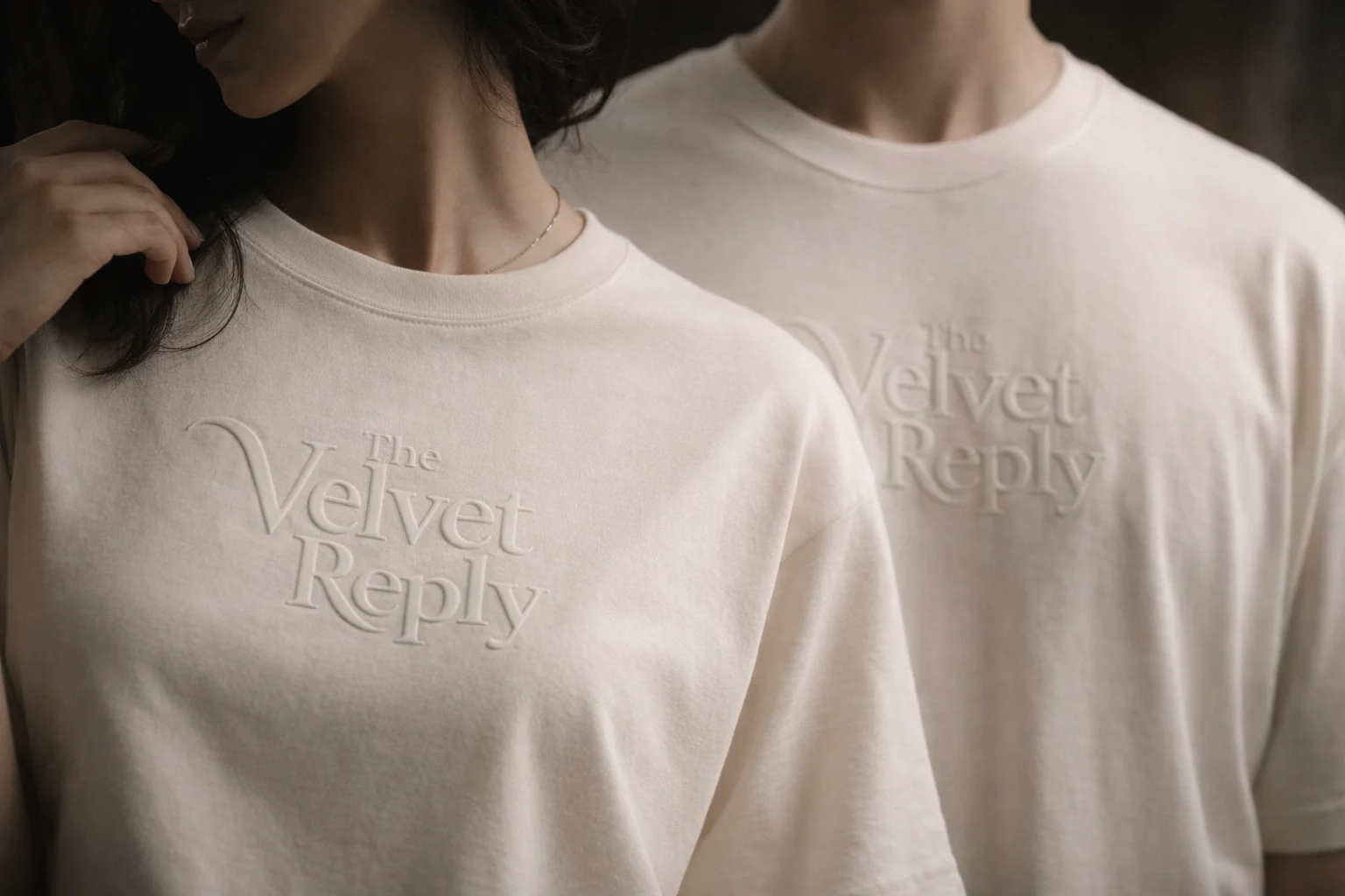 Cream T-shirt with The Velvet Reply puff print embossing